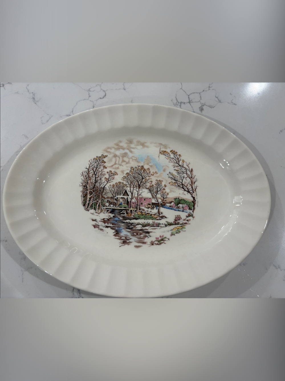 Vintage Edwin Knowles Ceramic Serving Platter with Old Mill Covered Bridge